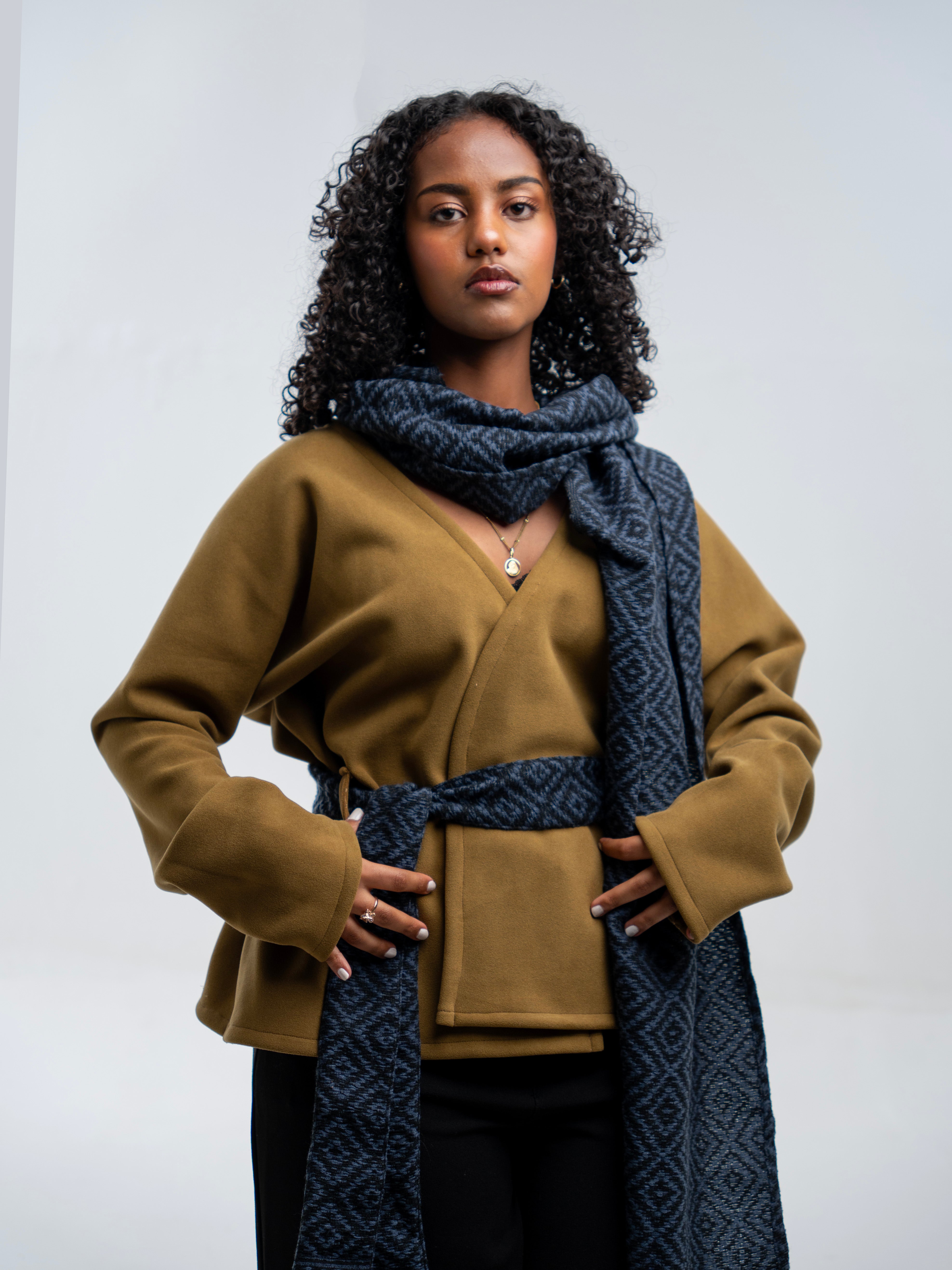 Long Sleeve Olive green Coat with Blue Scarf
