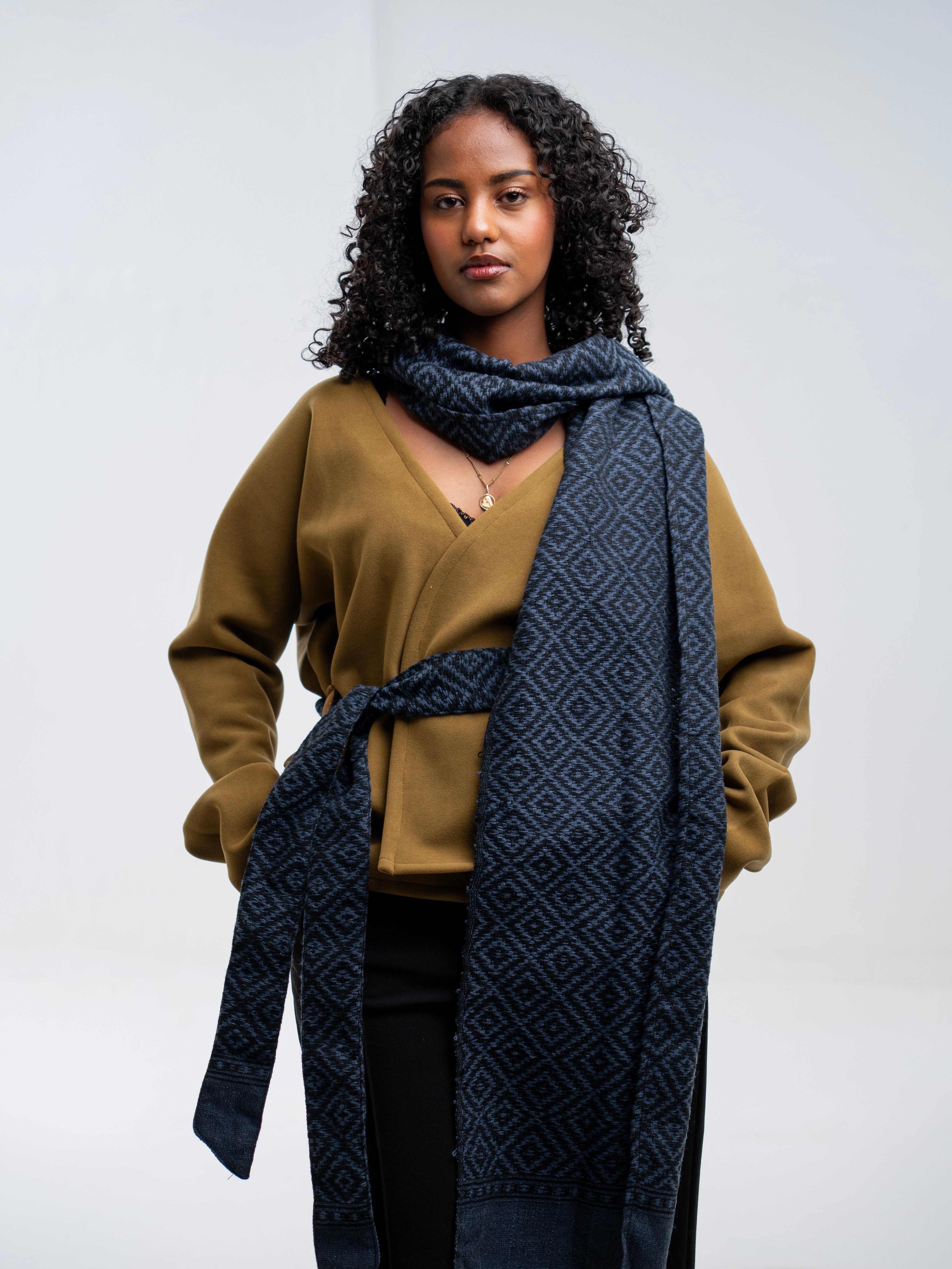 Long Sleeve Olive green Coat with Blue Scarf
