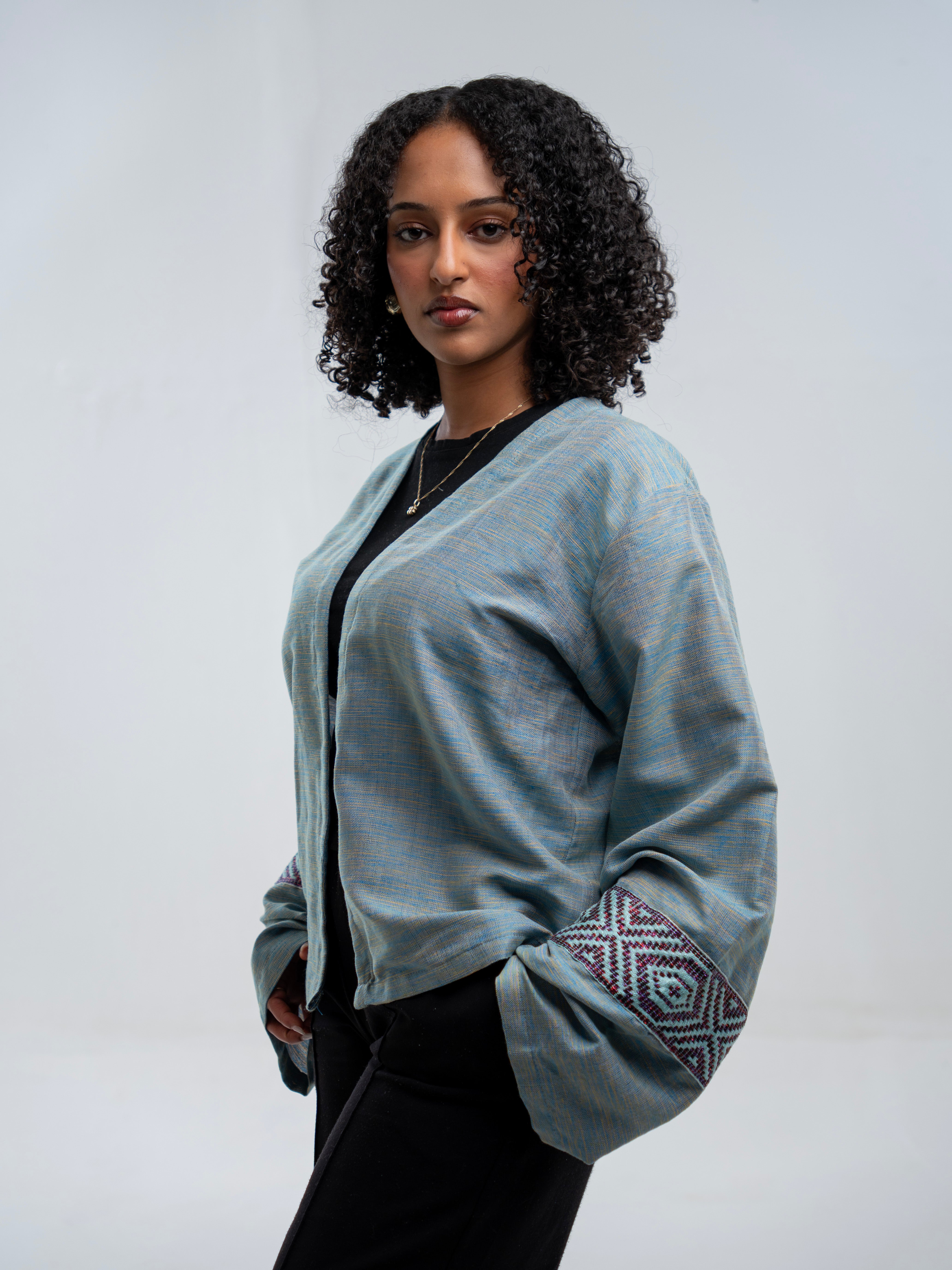 Blue Long Sleeve Crop Shirt