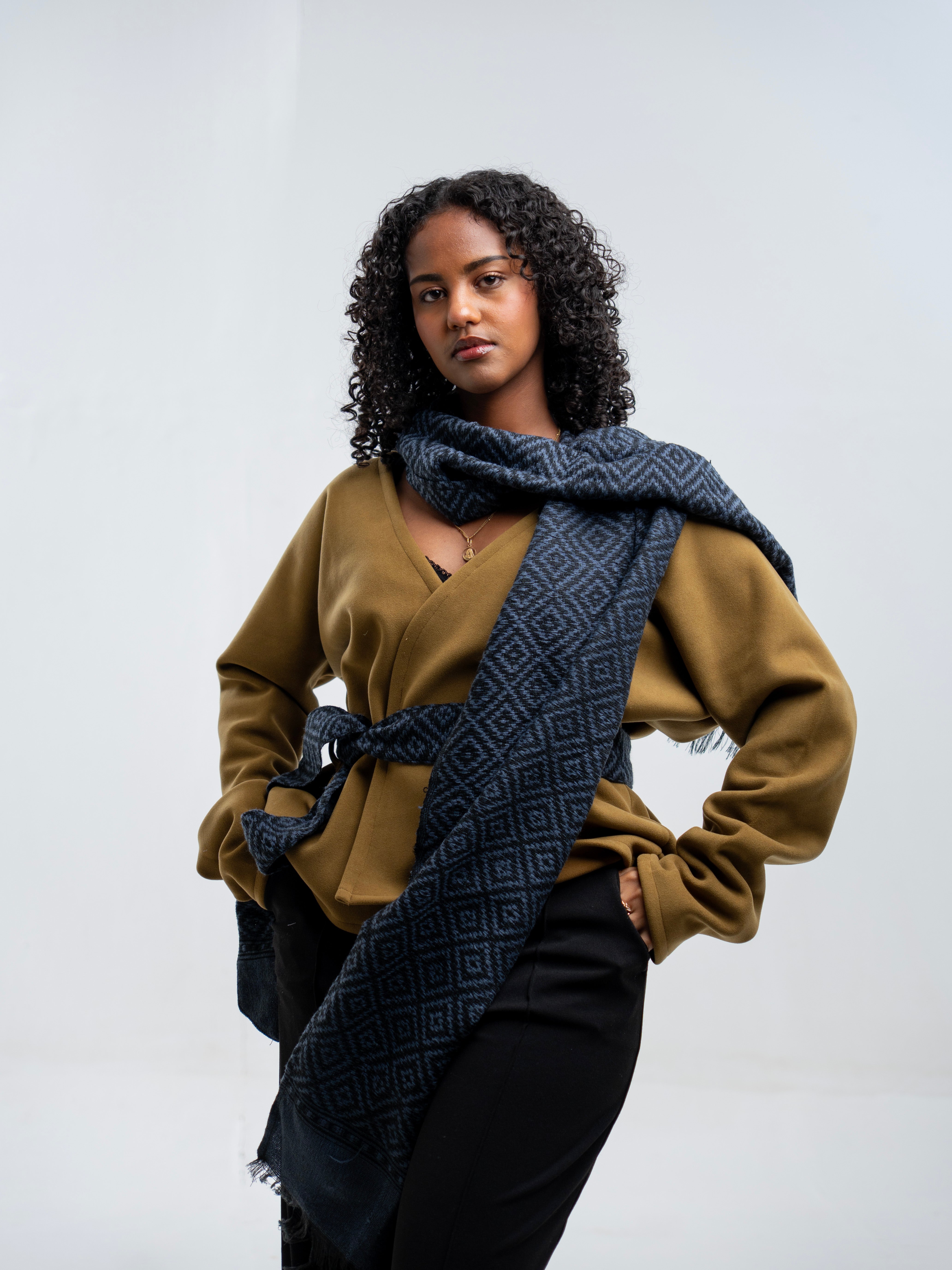 Long Sleeve Olive green Coat with Blue Scarf